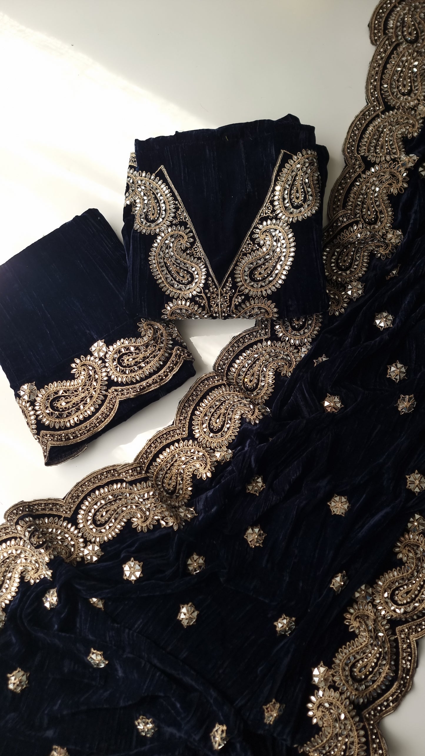 Crush Velvet mirror work party wear unstitched suit set