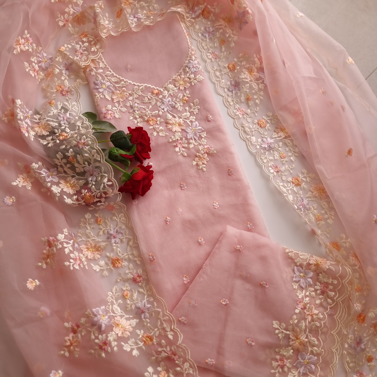 Pink Parsi Embroidery unstitched suit