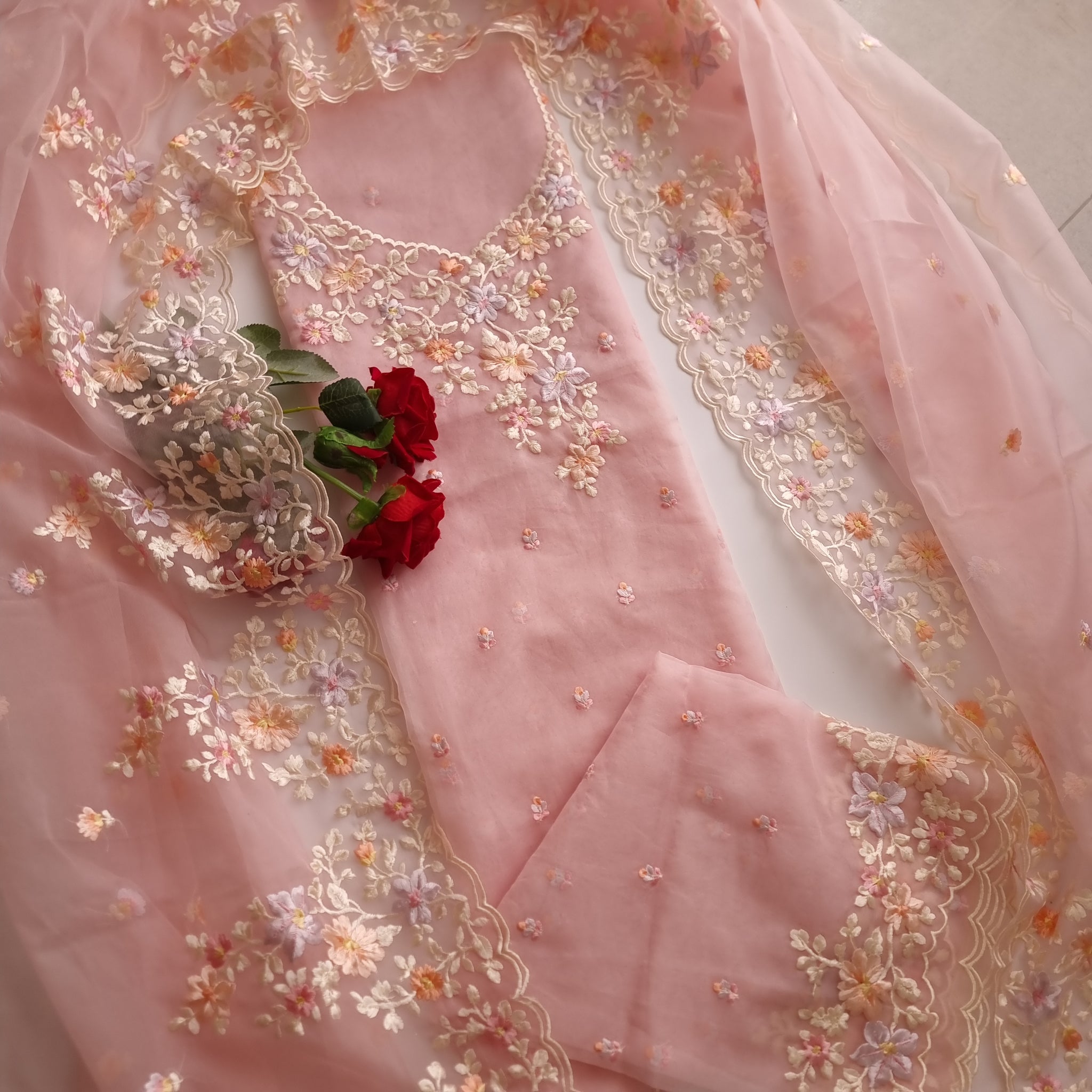 Pink Parsi Embroidery unstitched suit