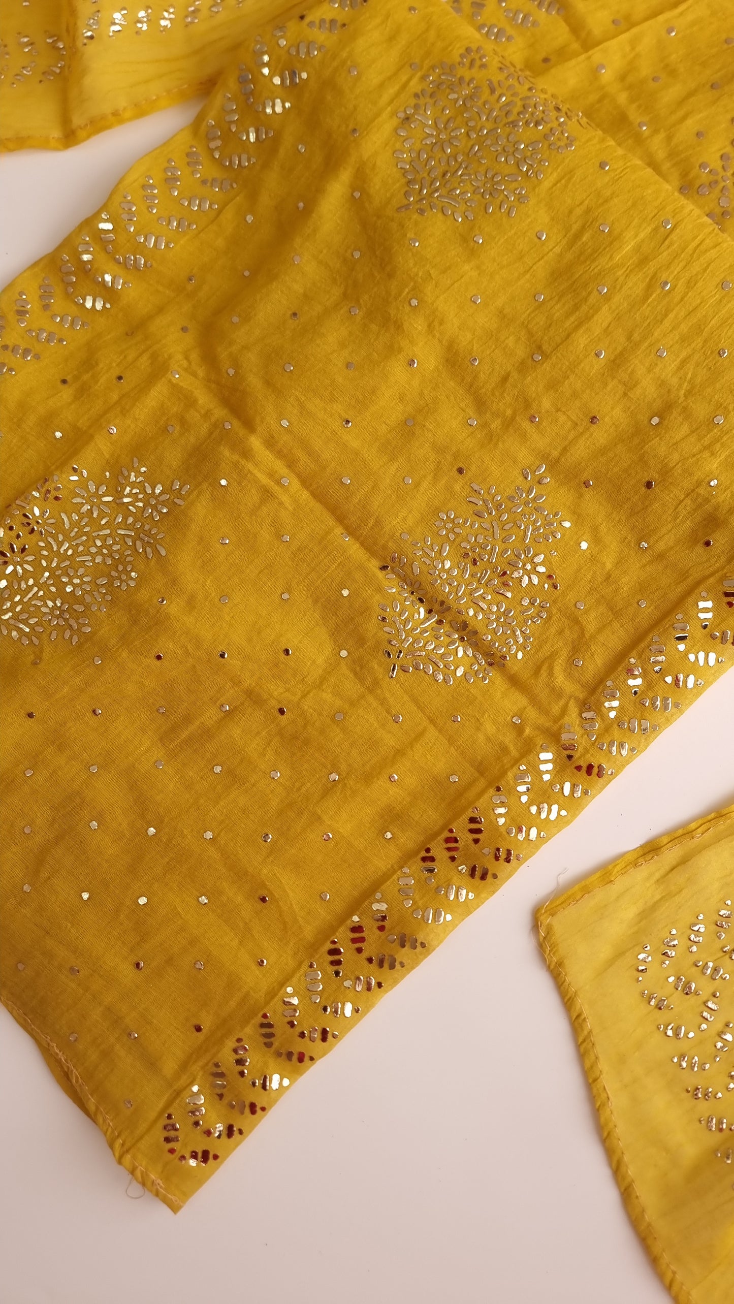 Yellow Mul Chanderi dress material with  Pasted mukaish work
