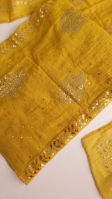 Yellow Mul Chanderi dress material with  Pasted mukaish work