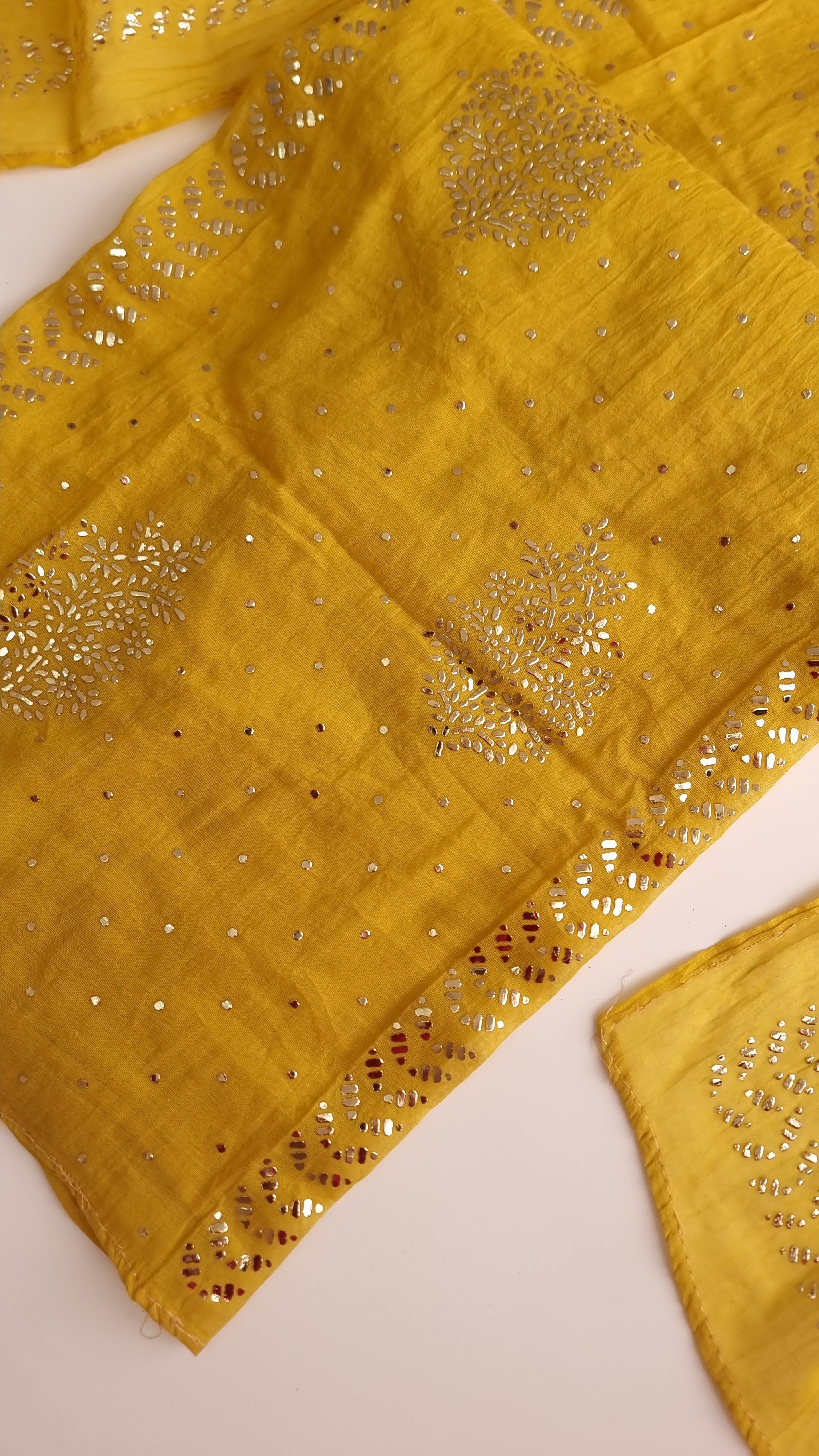 Yellow Mul Chanderi dress material with  Pasted mukaish work