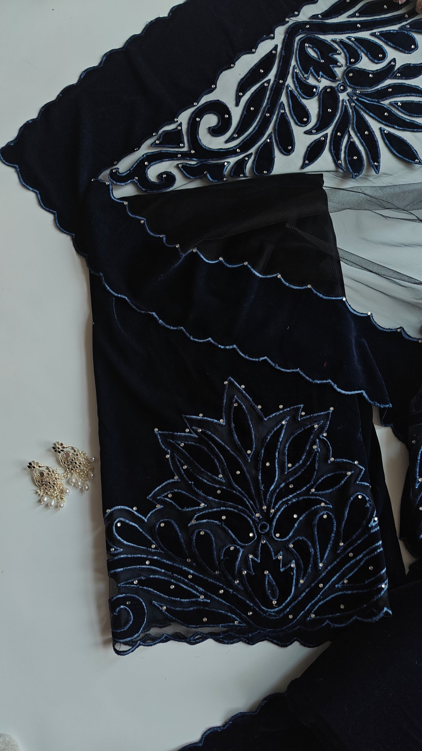 Blue color Velvet cut work designer party wear unstitched suit set