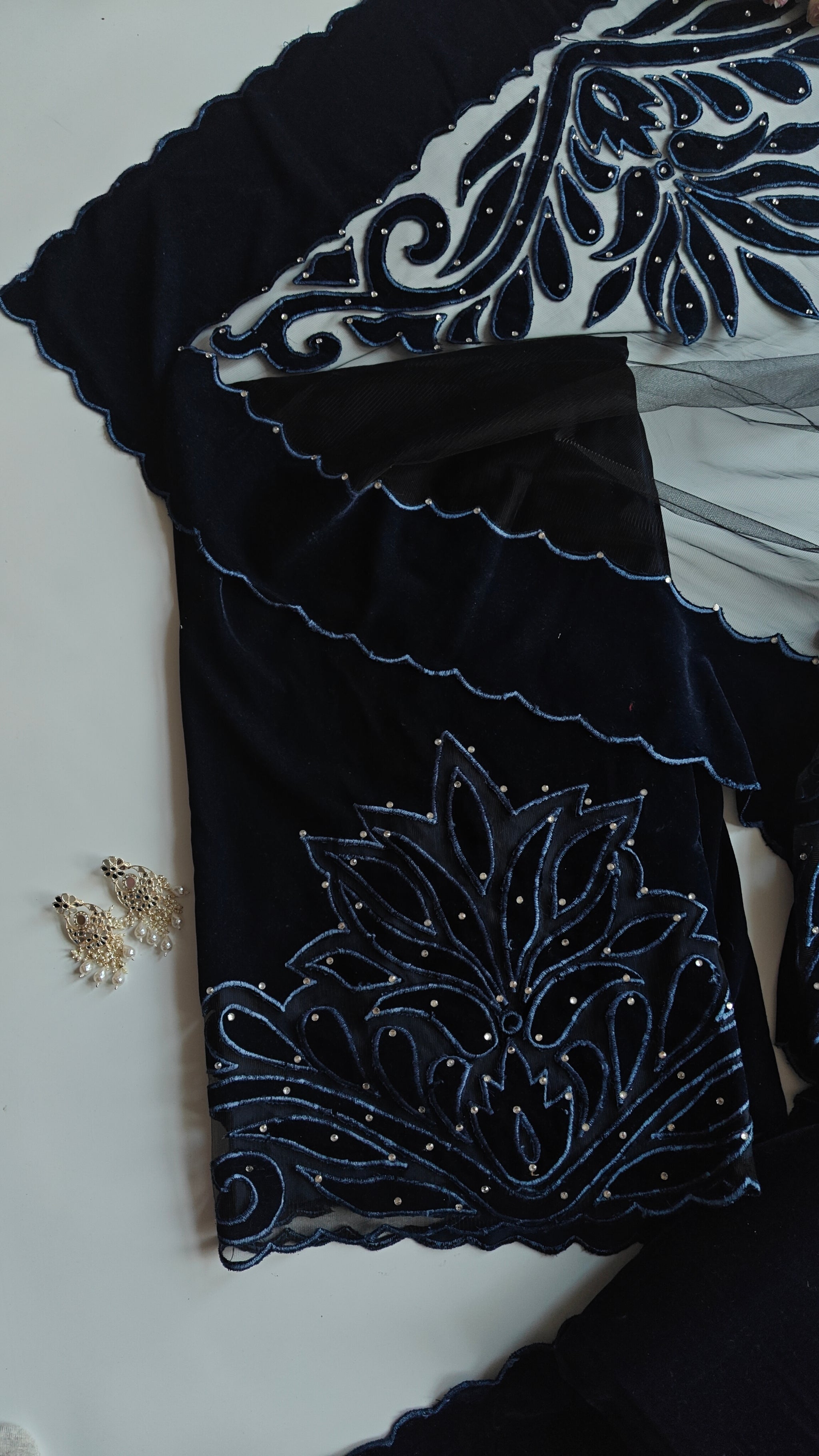 Blue color Velvet cut work designer party wear unstitched suit set