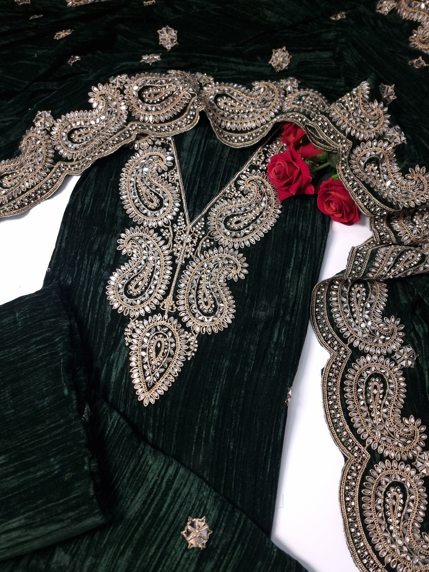 Crush Velvet mirror work party wear unstitched suit set