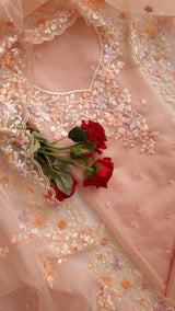 Peach Pink Parsi Embroidery on tissue fabric Unstitched Suit Material - 3 Piece set for women