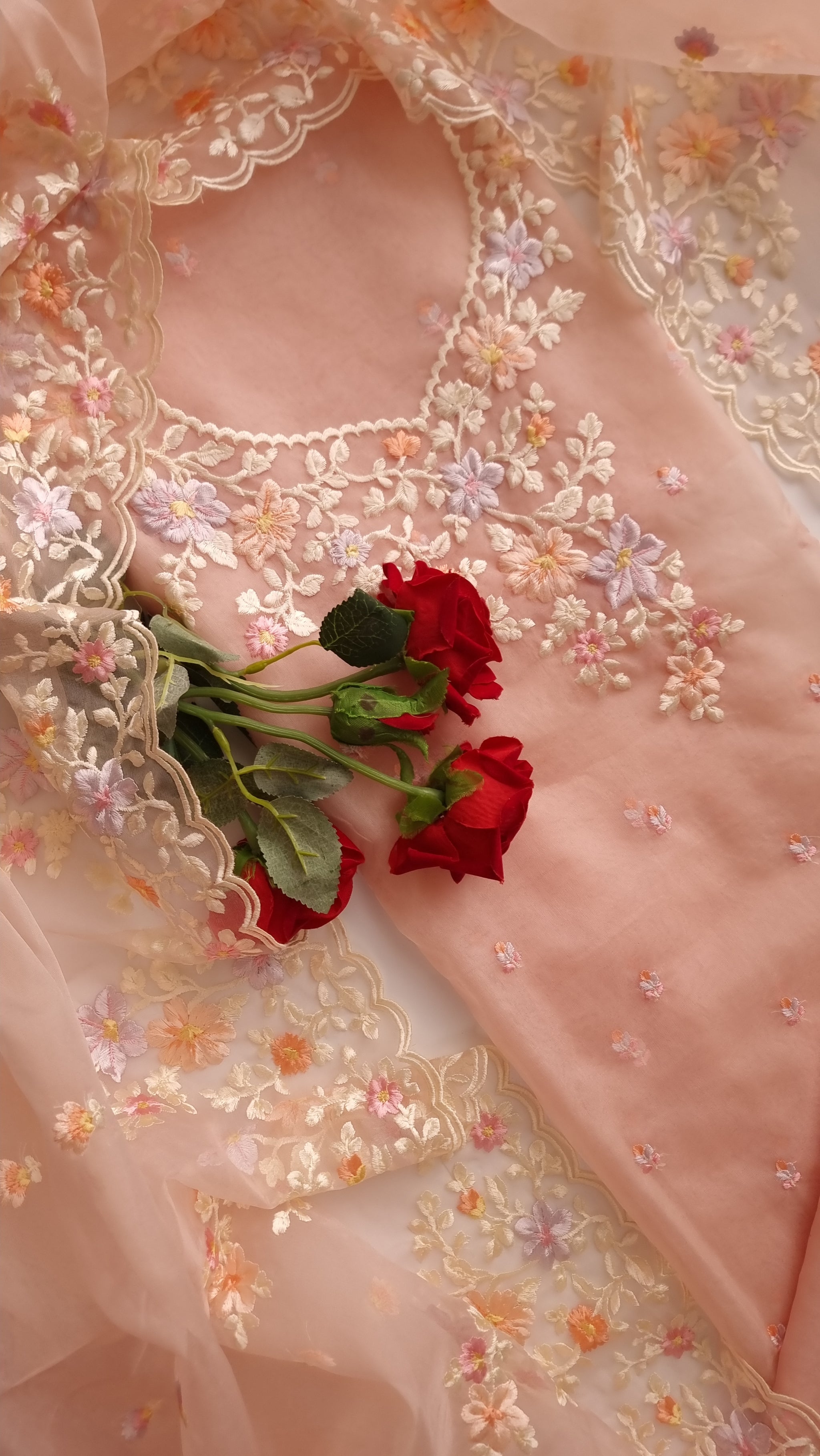 Peach Pink Parsi Embroidery on tissue fabric Unstitched Suit Material - 3 Piece set for women