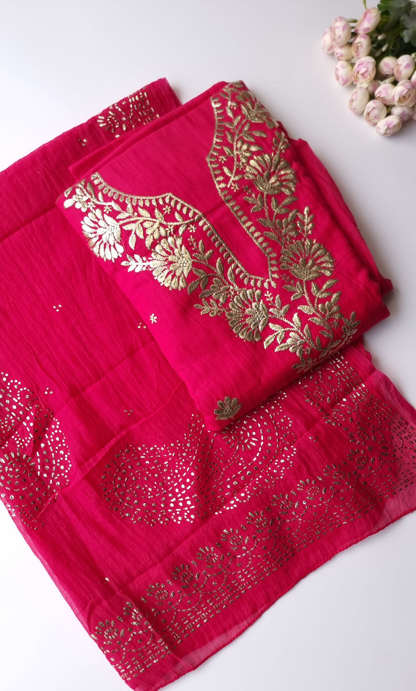 Hot pink Mul Chanderi dress material with pitta and mukaish work