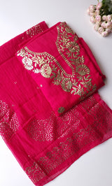 Hot pink Mul Chanderi dress material with pitta and mukaish work