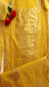 Yellow Mul Chanderi dress material with  Pasted mukaish work