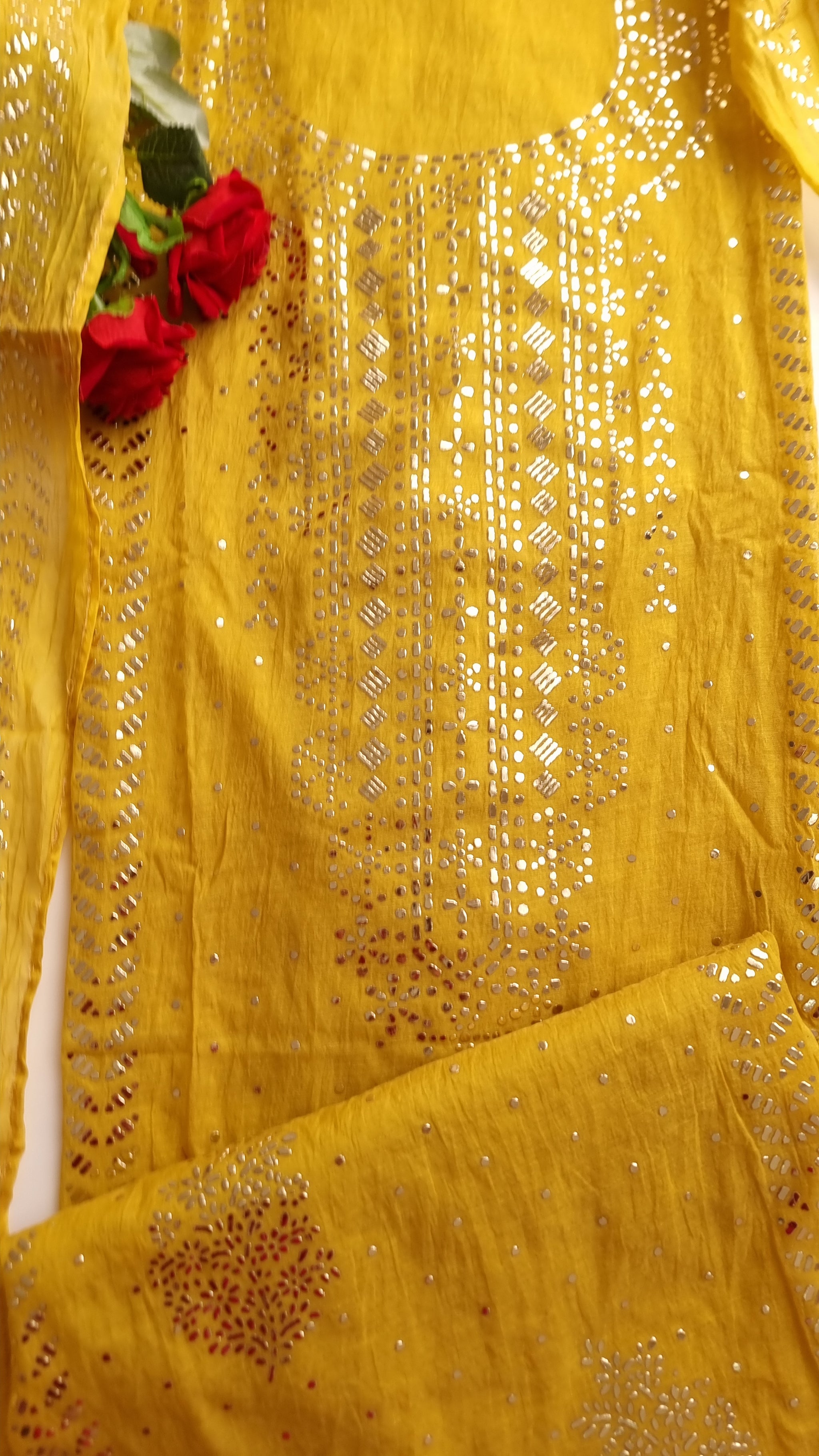 Yellow Mul Chanderi dress material with  Pasted mukaish work