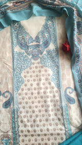 Blue Printed Pashmina Unstitched suit set