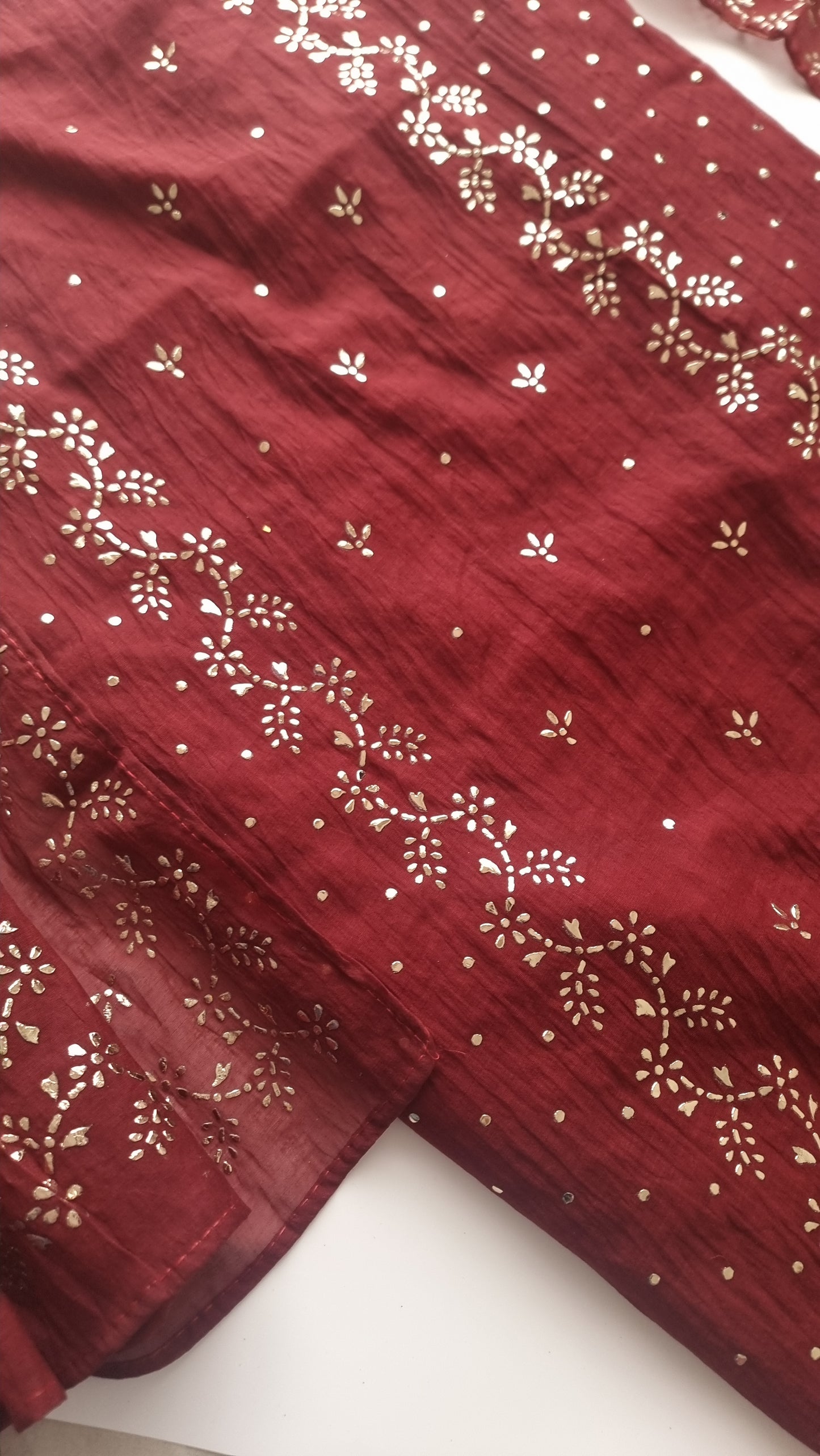 Maroon Mul Chanderi dress material with  Pasted mukaish work
