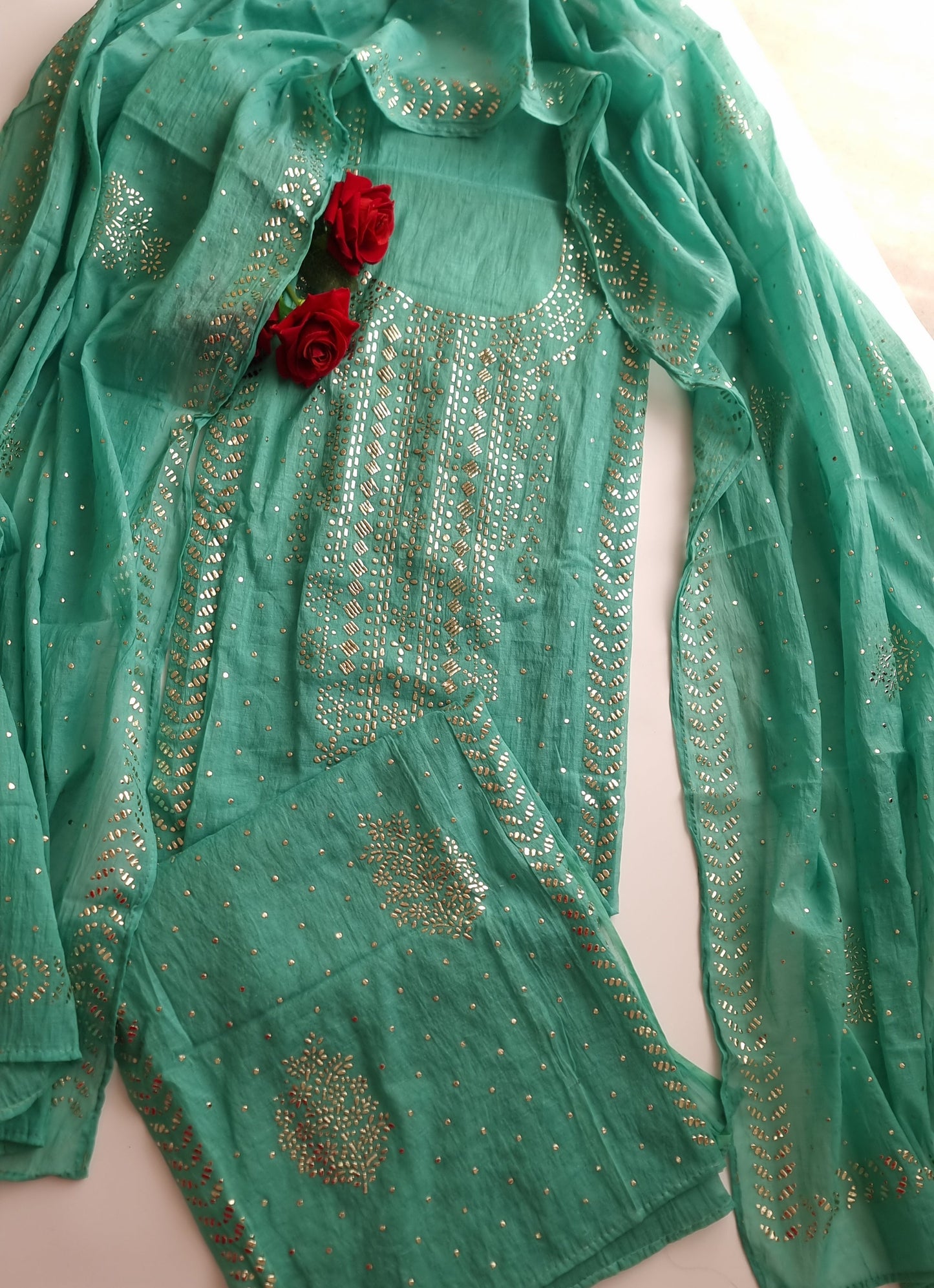 Mul Chanderi dress material with  Pasted mukaish work