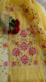 Yellow Kotta embroidered kurta dupatta set Unstitched