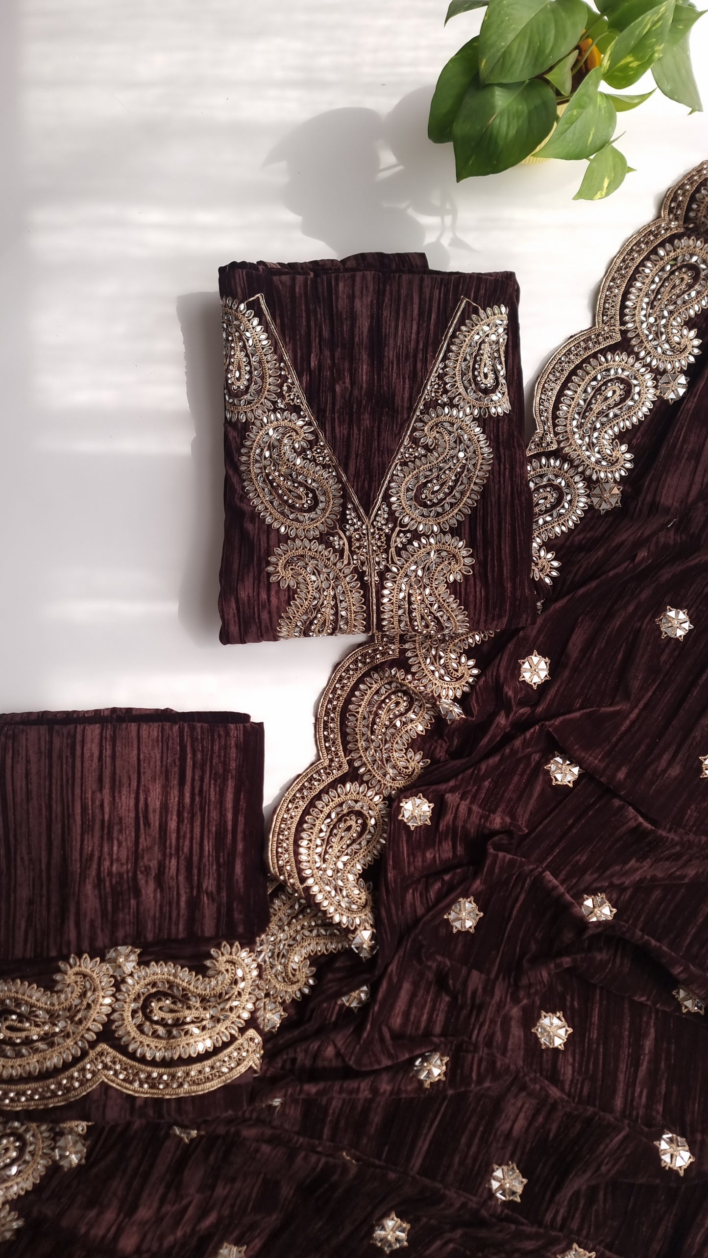 Crush Velvet mirror work party wear unstitched suit set