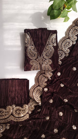 Crush Velvet mirror work party wear unstitched suit set