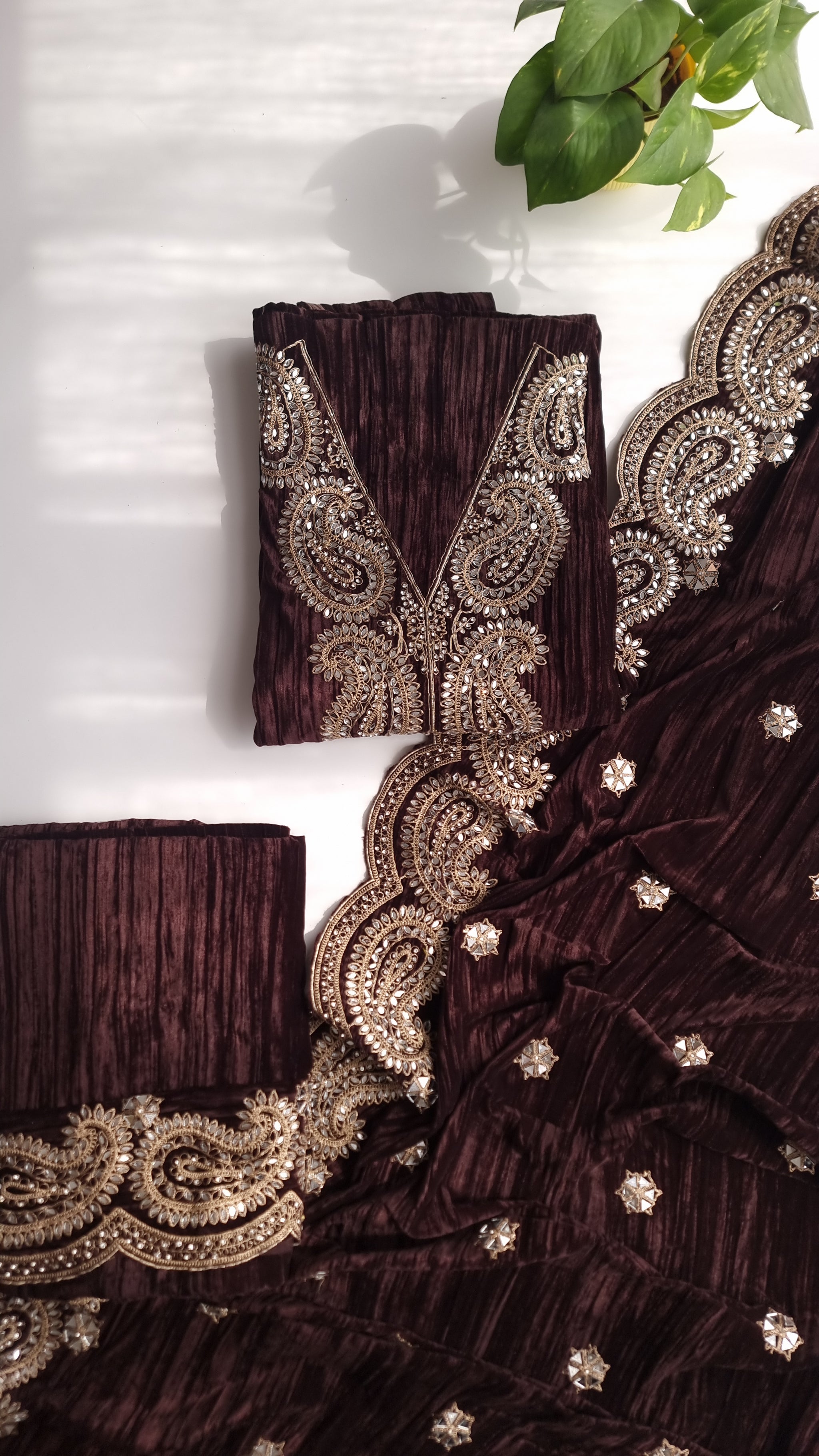 Crush Velvet mirror work party wear unstitched suit set