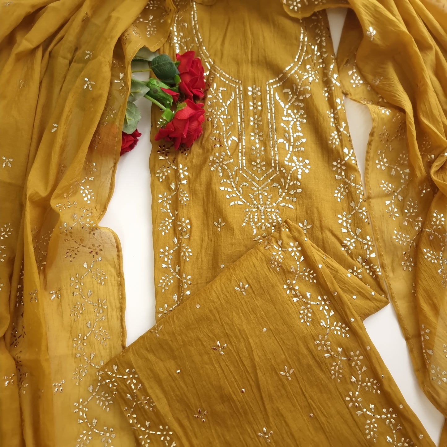 Yellow Mul Chanderi dress material with Pasted mukaish work