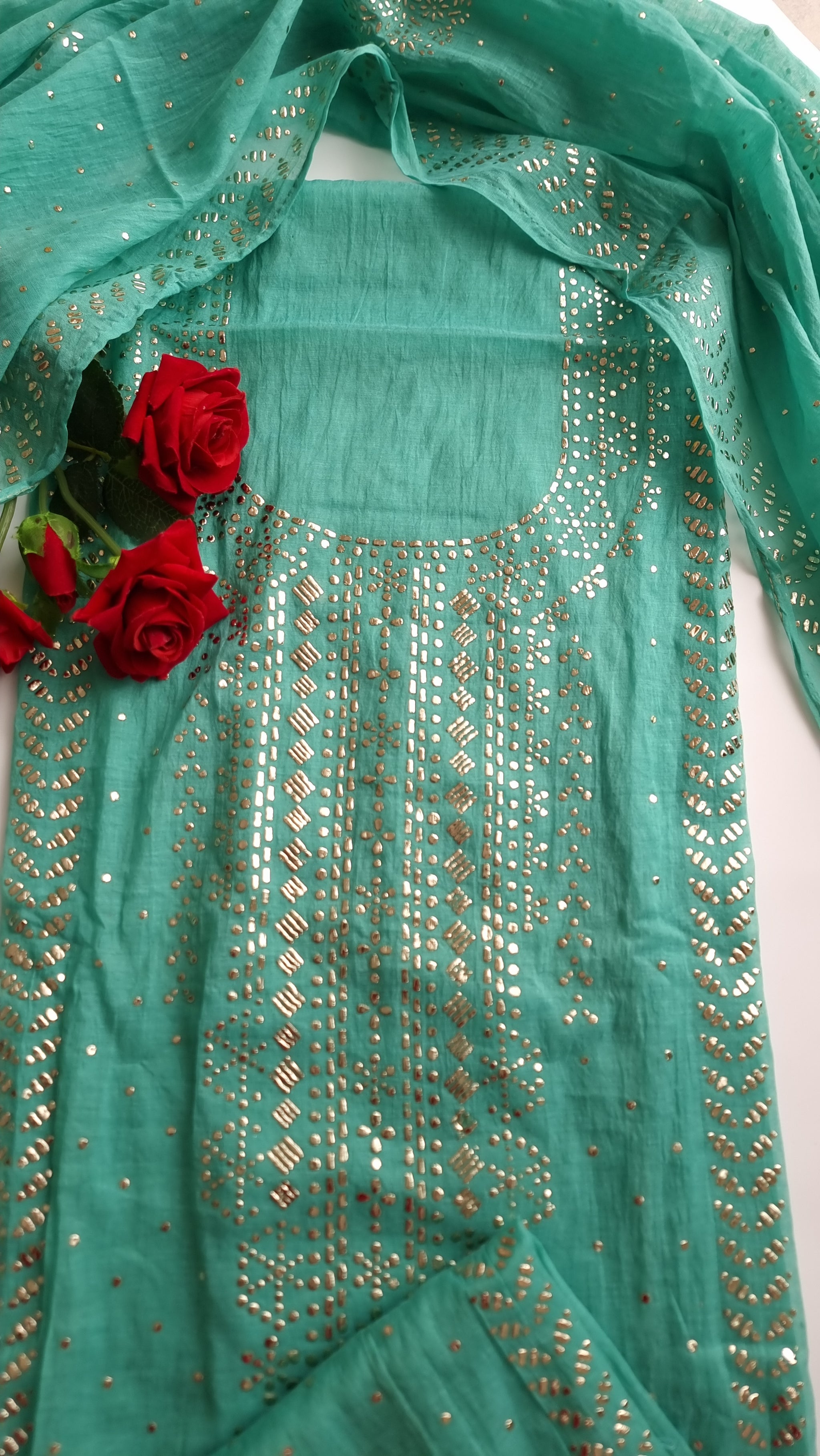 Mul Chanderi dress material with  Pasted mukaish work