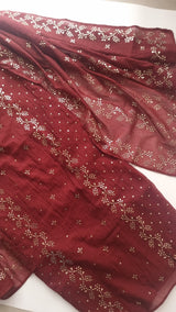 Maroon Mul Chanderi dress material with  Pasted mukaish work