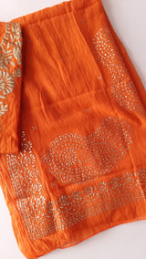Orange Mul Chanderi dress material with pitta and mukaish work