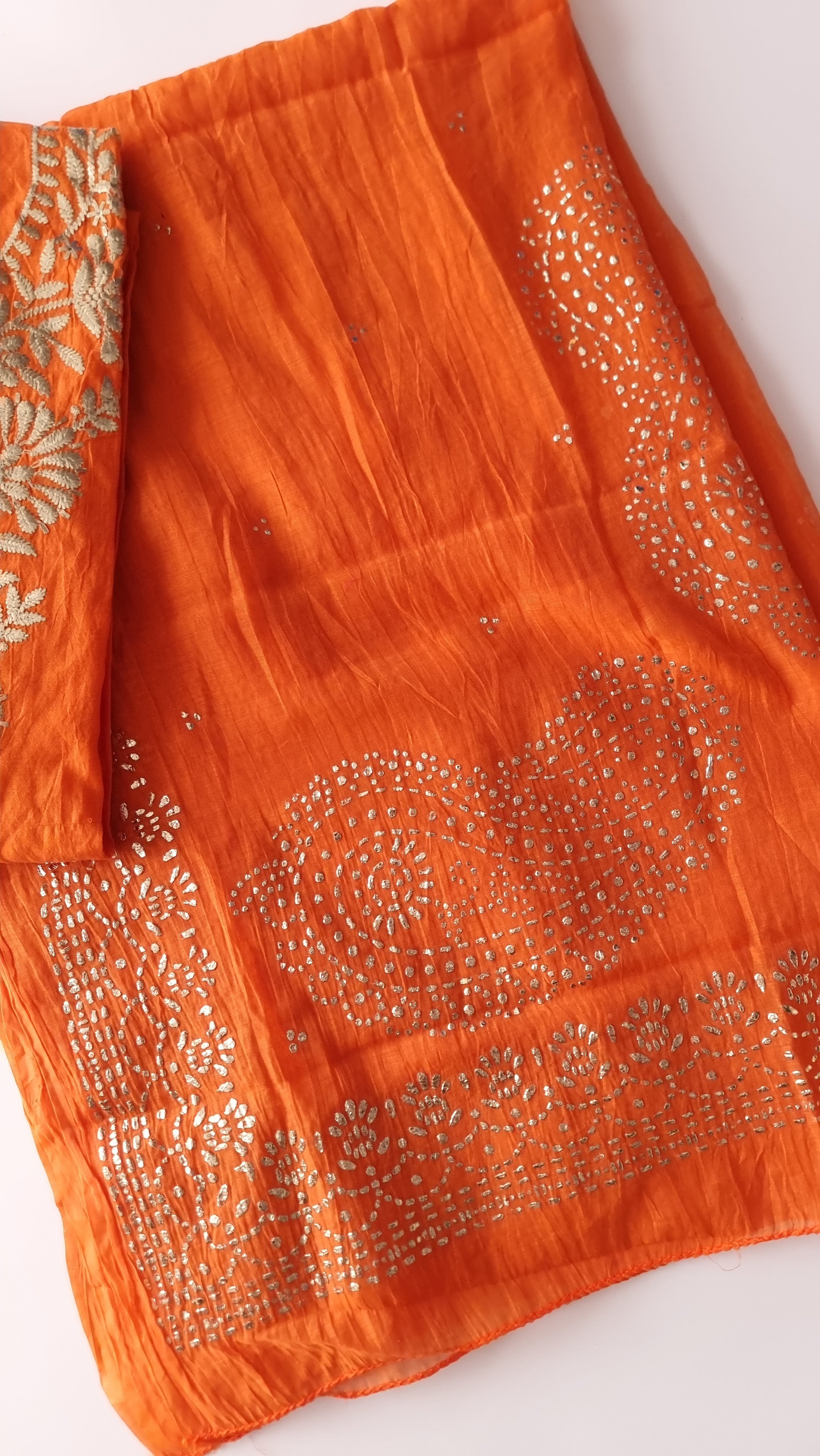 Orange Mul Chanderi dress material with pitta and mukaish work