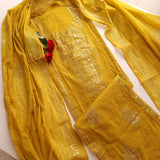 Yellow Mul Chanderi dress material with  Pasted mukaish work