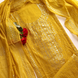 Yellow Mul Chanderi dress material with  Pasted mukaish work