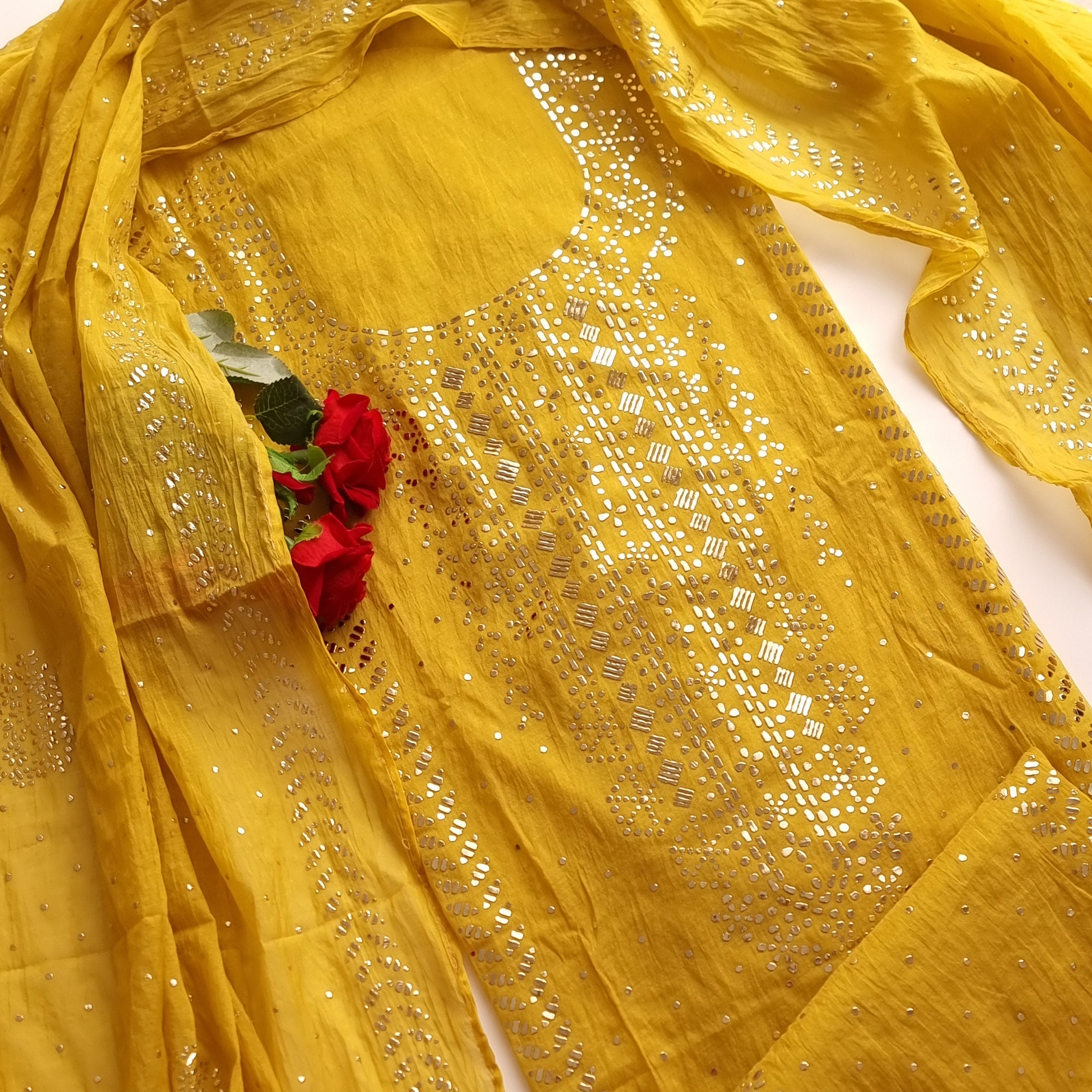 Yellow Mul Chanderi dress material with  Pasted mukaish work