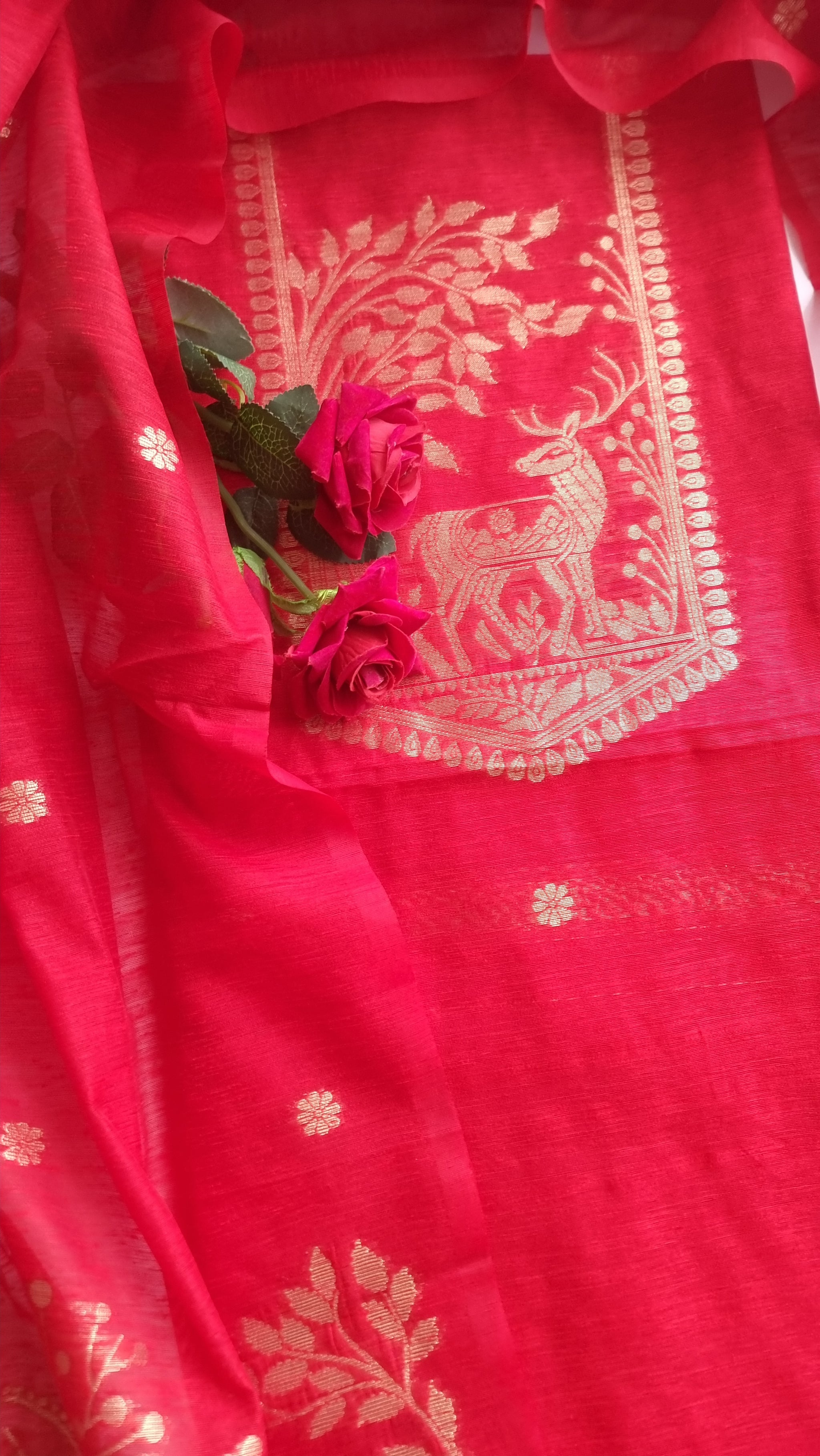 Red Vedika Silk Unstitched suit material
