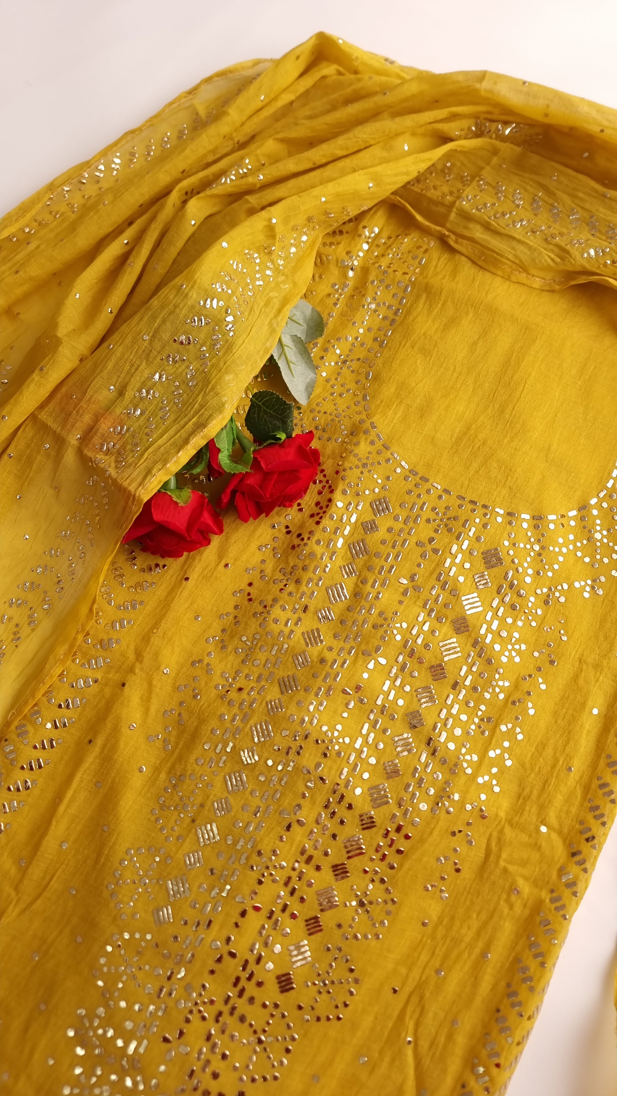 Yellow Mul Chanderi dress material with  Pasted mukaish work