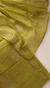 Green Mul Chanderi dress material with  Pasted mukaish work