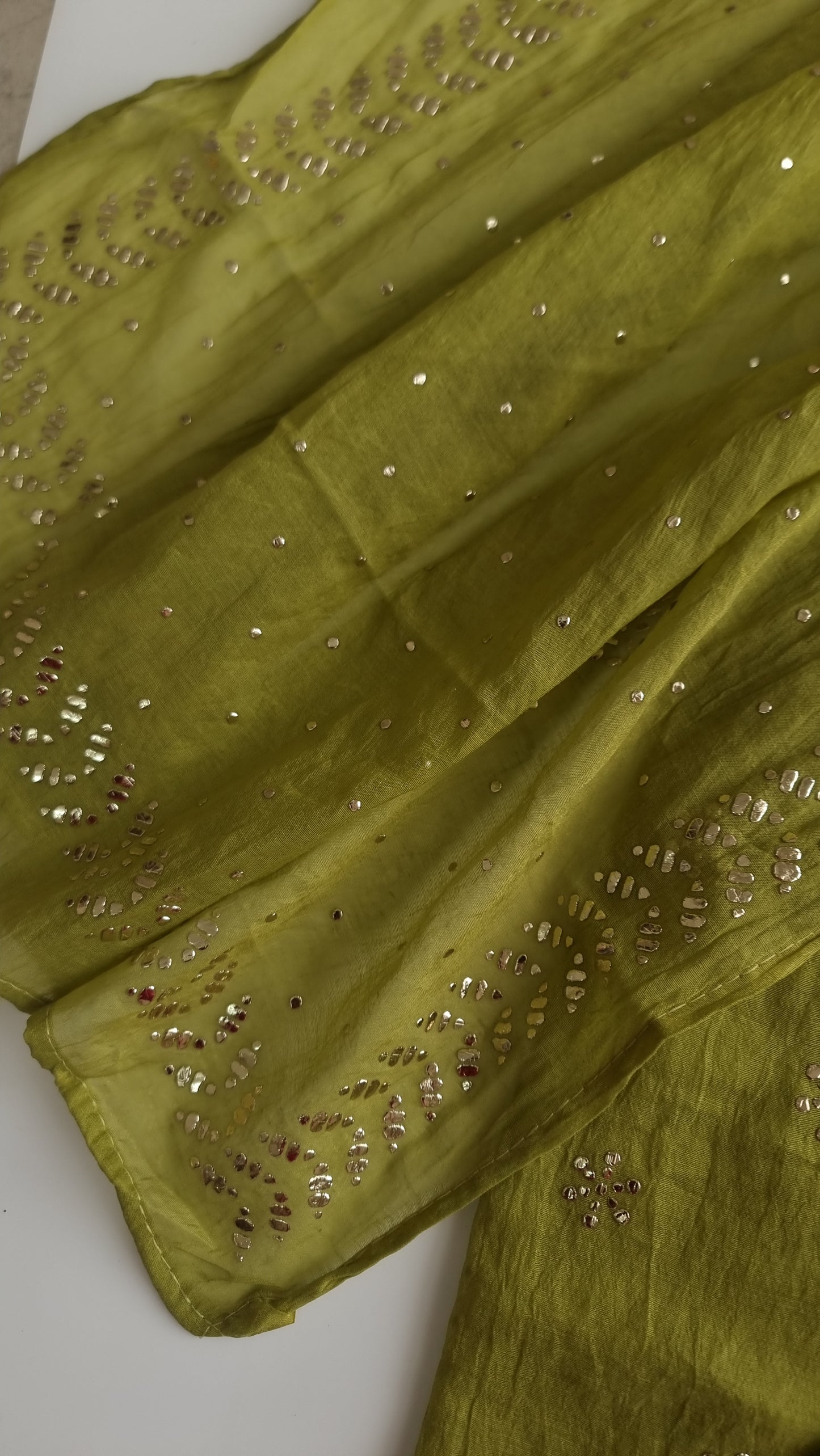 Green Mul Chanderi dress material with  Pasted mukaish work