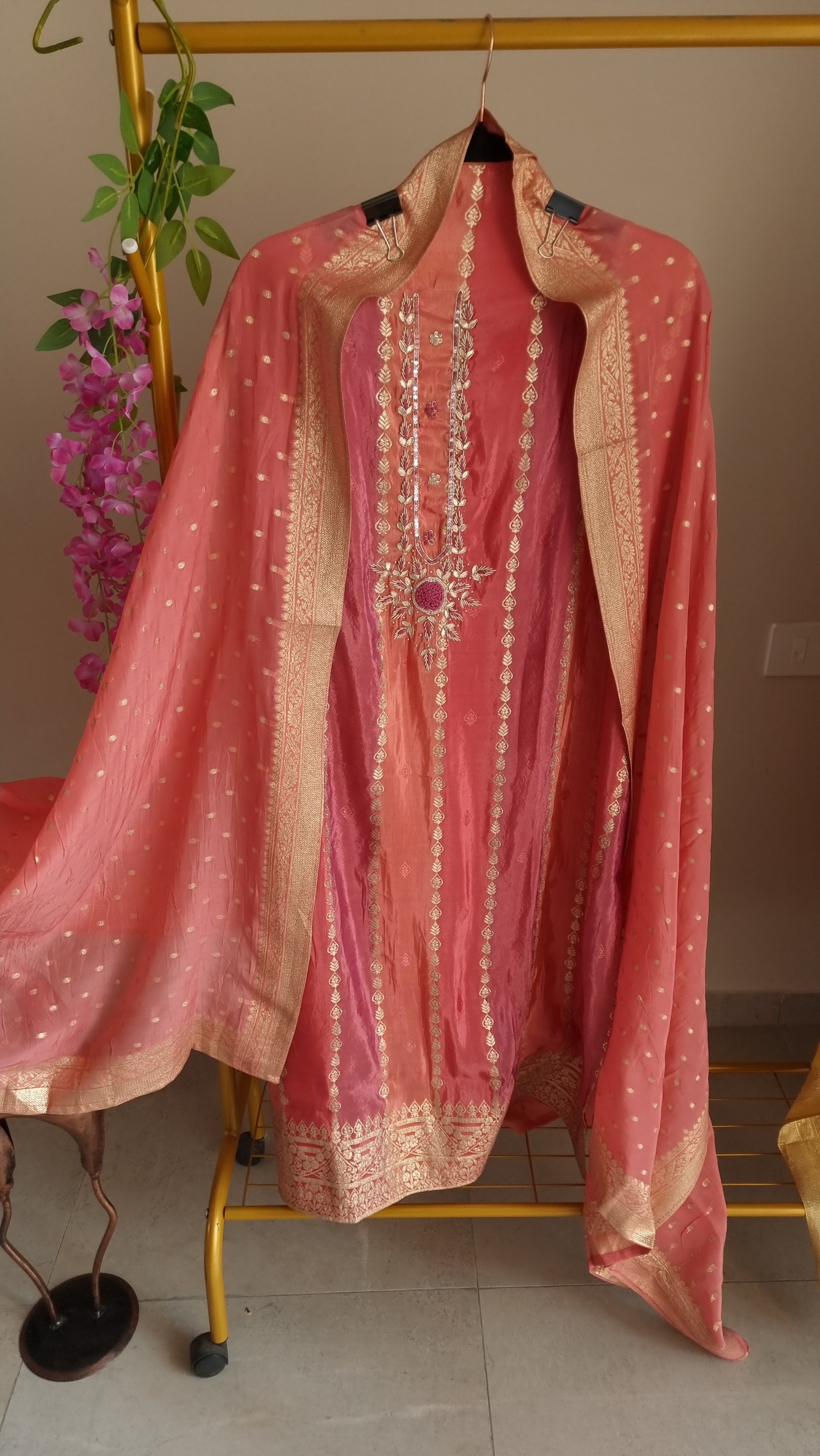 Kanjivaram Silk with dabka embroidery Unstitched suit.
