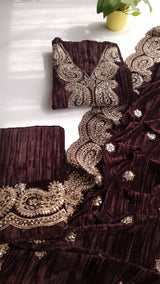 Crush Velvet mirror work party wear unstitched suit set