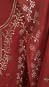 Maroon Mul Chanderi dress material with  Pasted mukaish work
