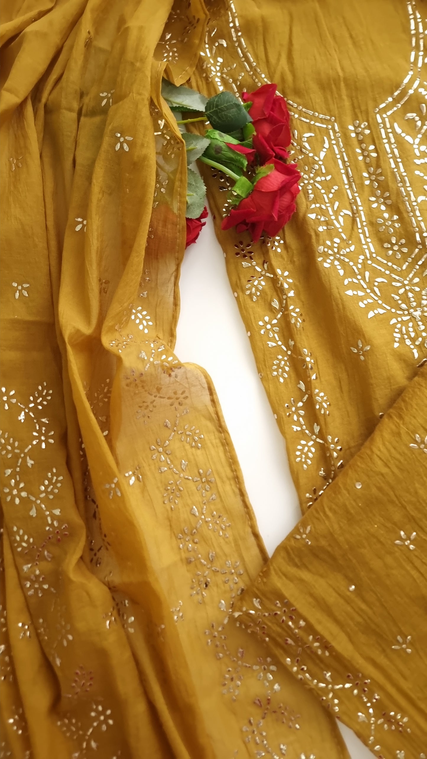 Yellow Mul Chanderi dress material with Pasted mukaish work