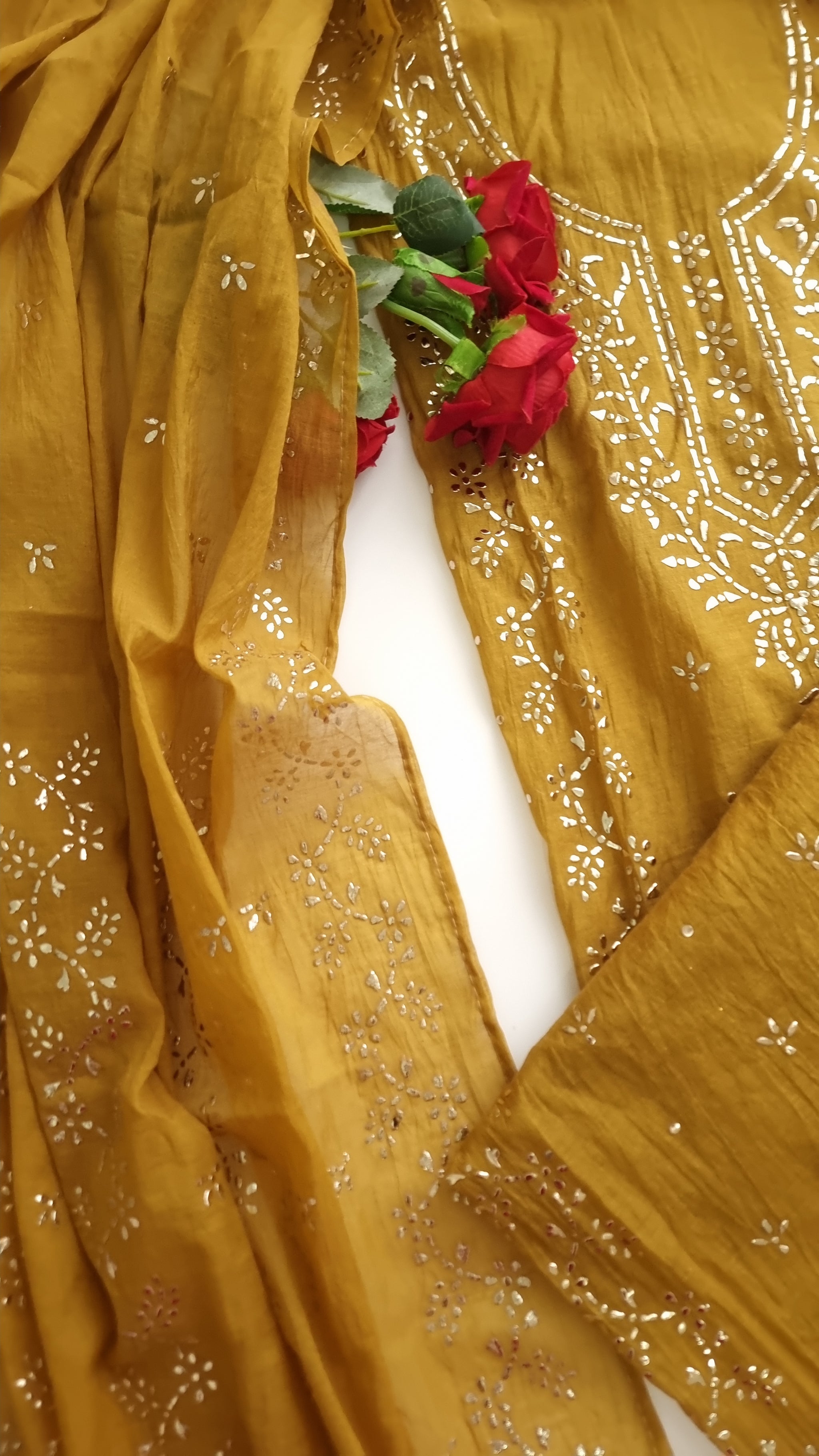 Yellow Mul Chanderi dress material with Pasted mukaish work