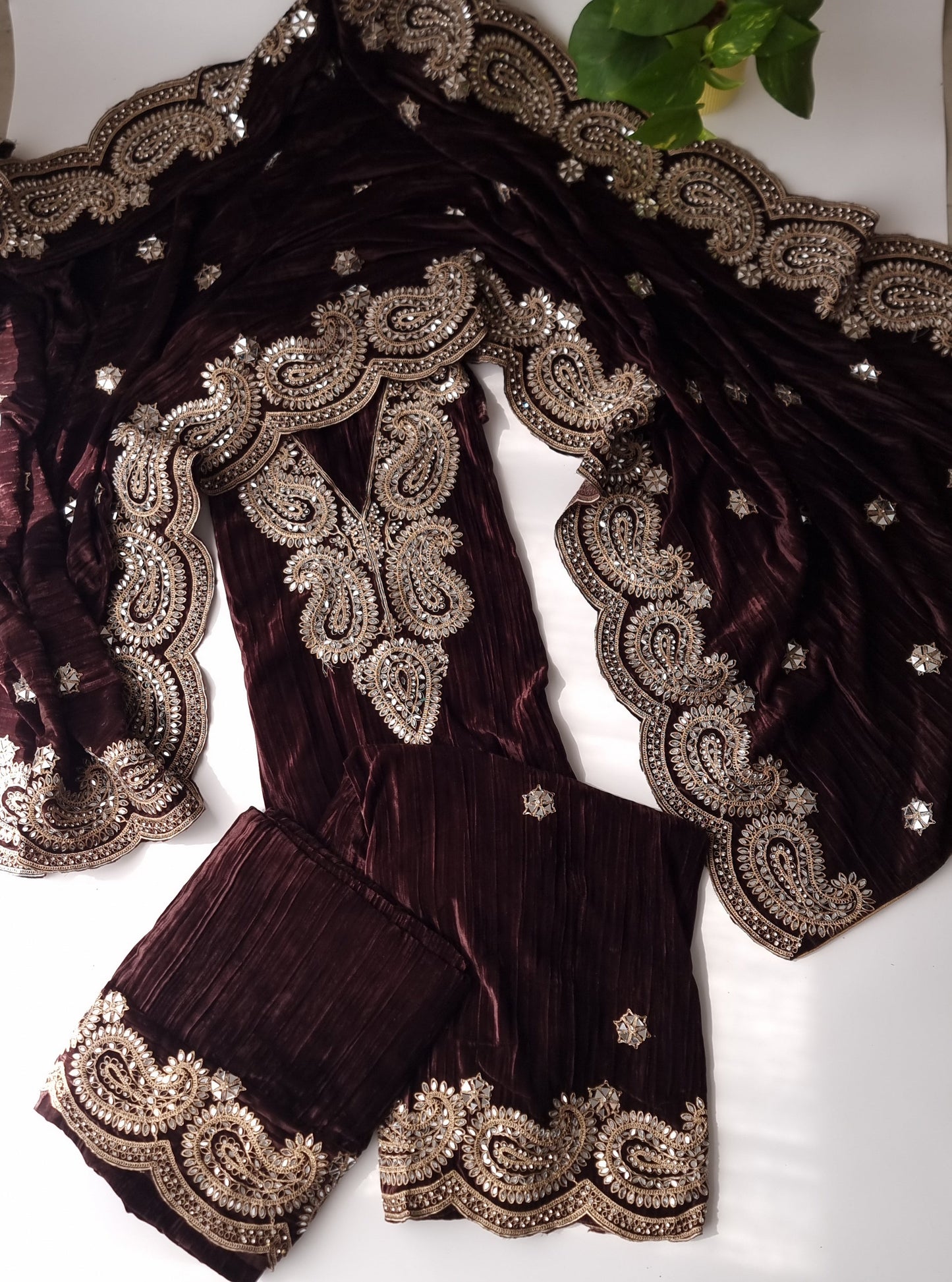 Crush Velvet mirror work party wear unstitched suit set