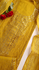 Yellow Mul Chanderi dress material with  Pasted mukaish work