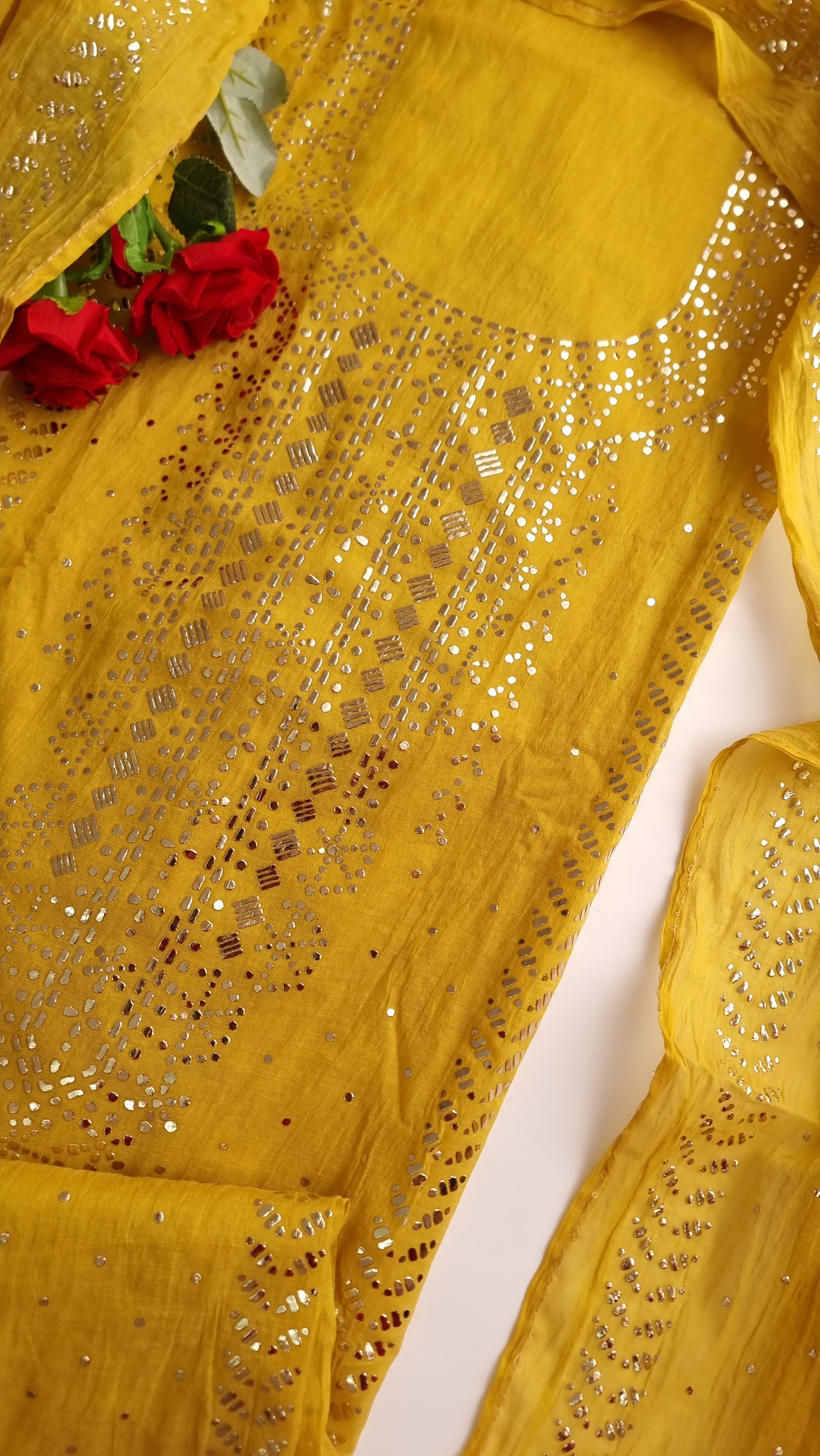Yellow Mul Chanderi dress material with  Pasted mukaish work