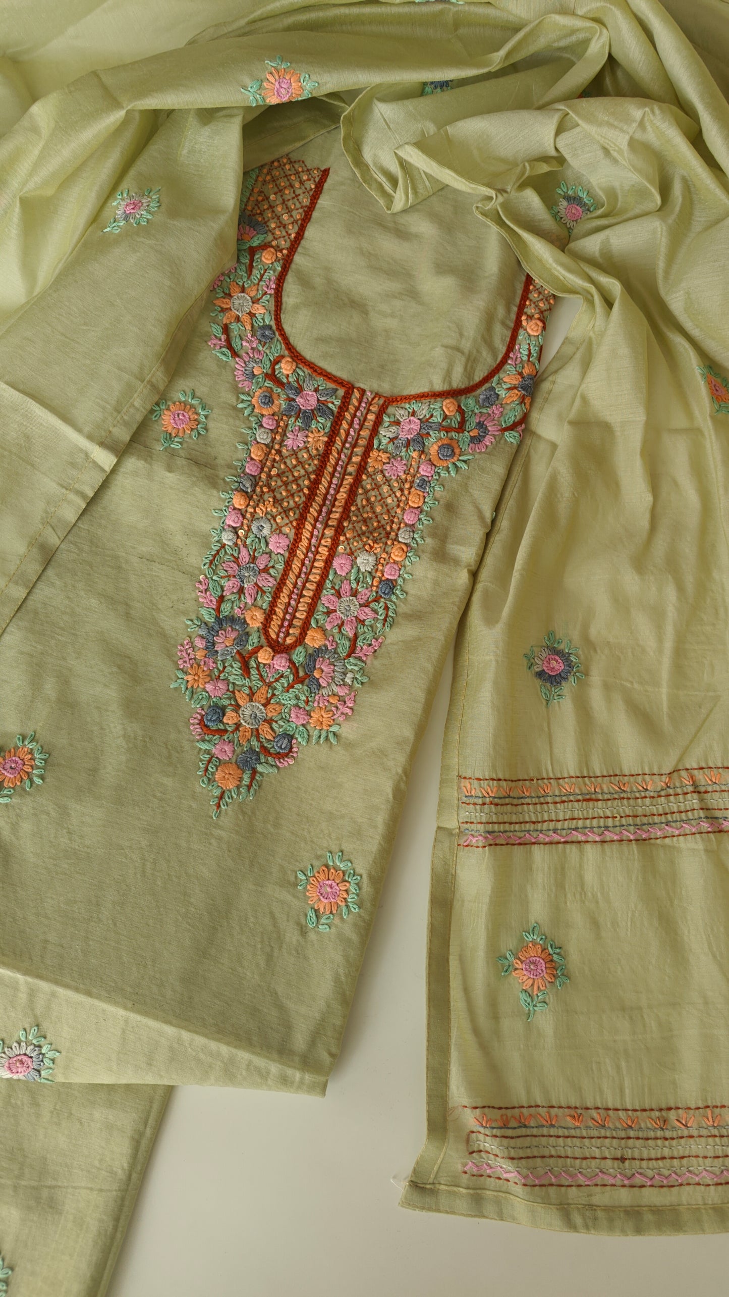 Pista Green Chanderi embroidered kurta dupatta set
