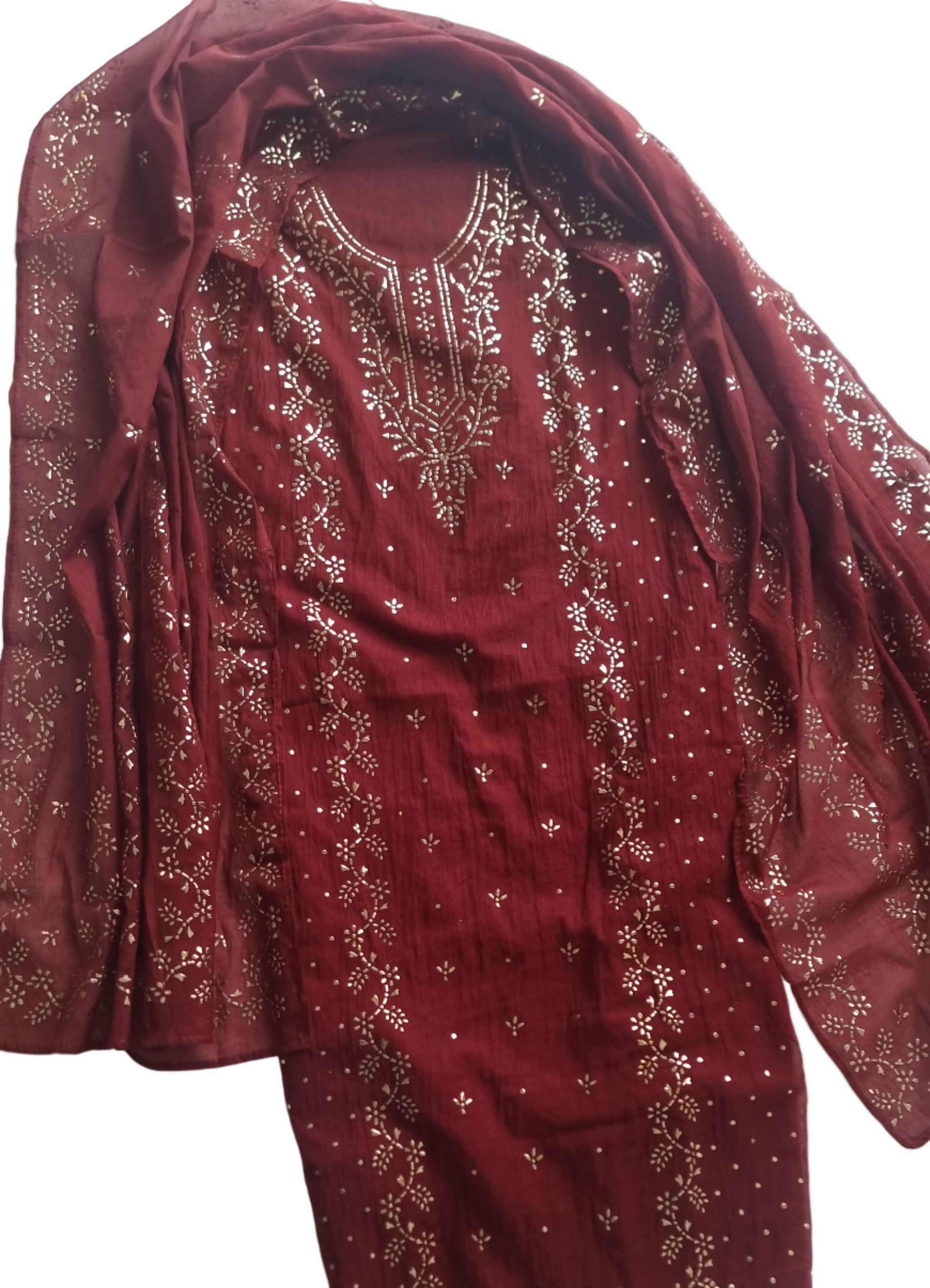 Maroon Mul Chanderi dress material with  Pasted mukaish work