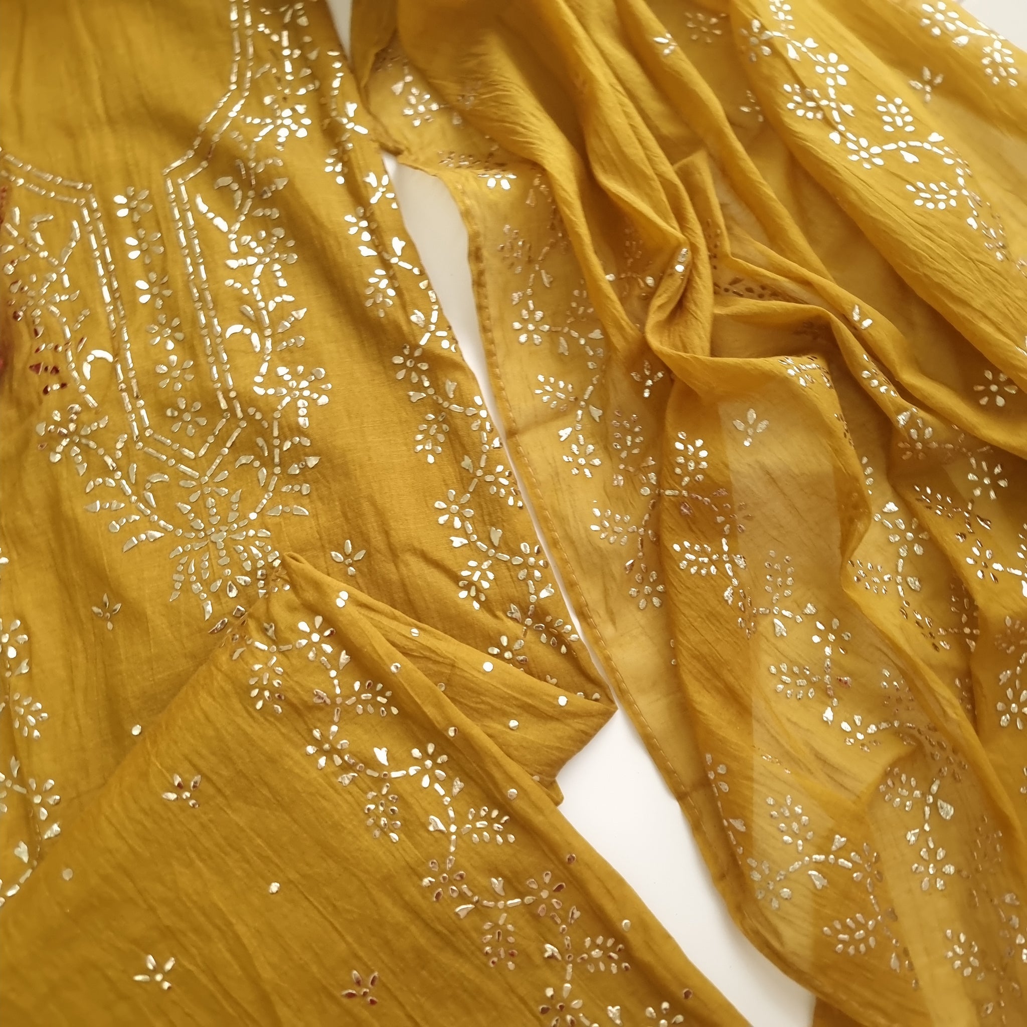 Yellow Mul Chanderi dress material with Pasted mukaish work