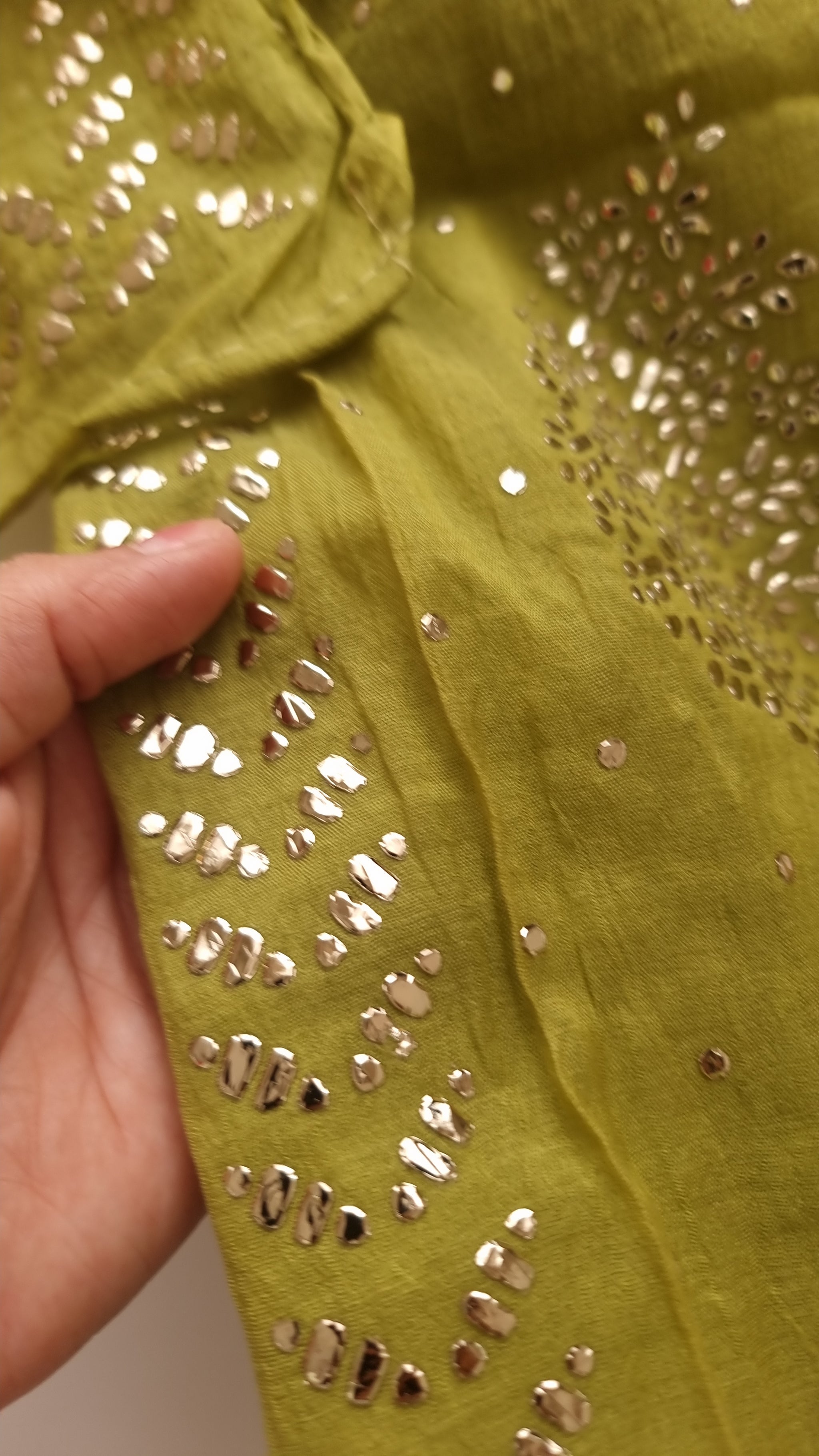 Green Mul Chanderi dress material with  Pasted mukaish work