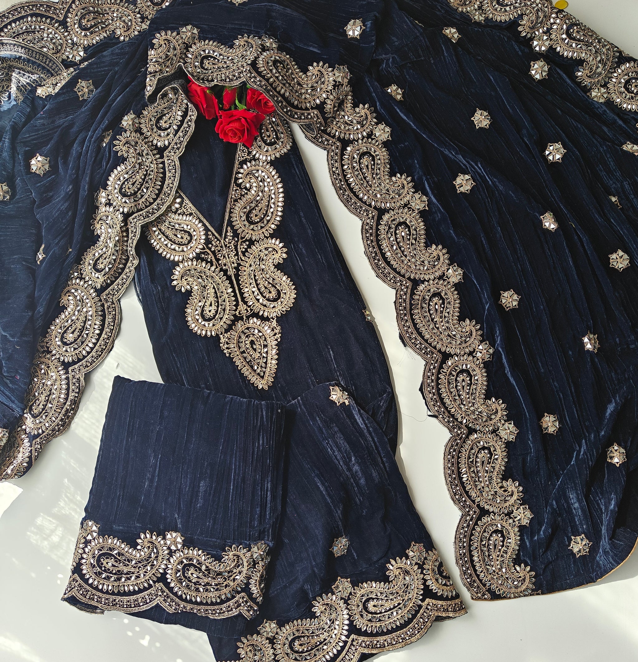 Crush Velvet mirror work party wear unstitched suit set