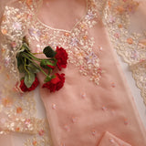Peach Pink Parsi Embroidery on tissue fabric Unstitched Suit Material - 3 Piece set for women