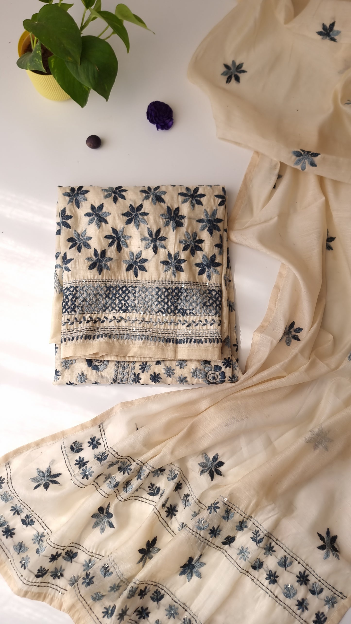 Chanderi knot embroidery Unstitched suit material