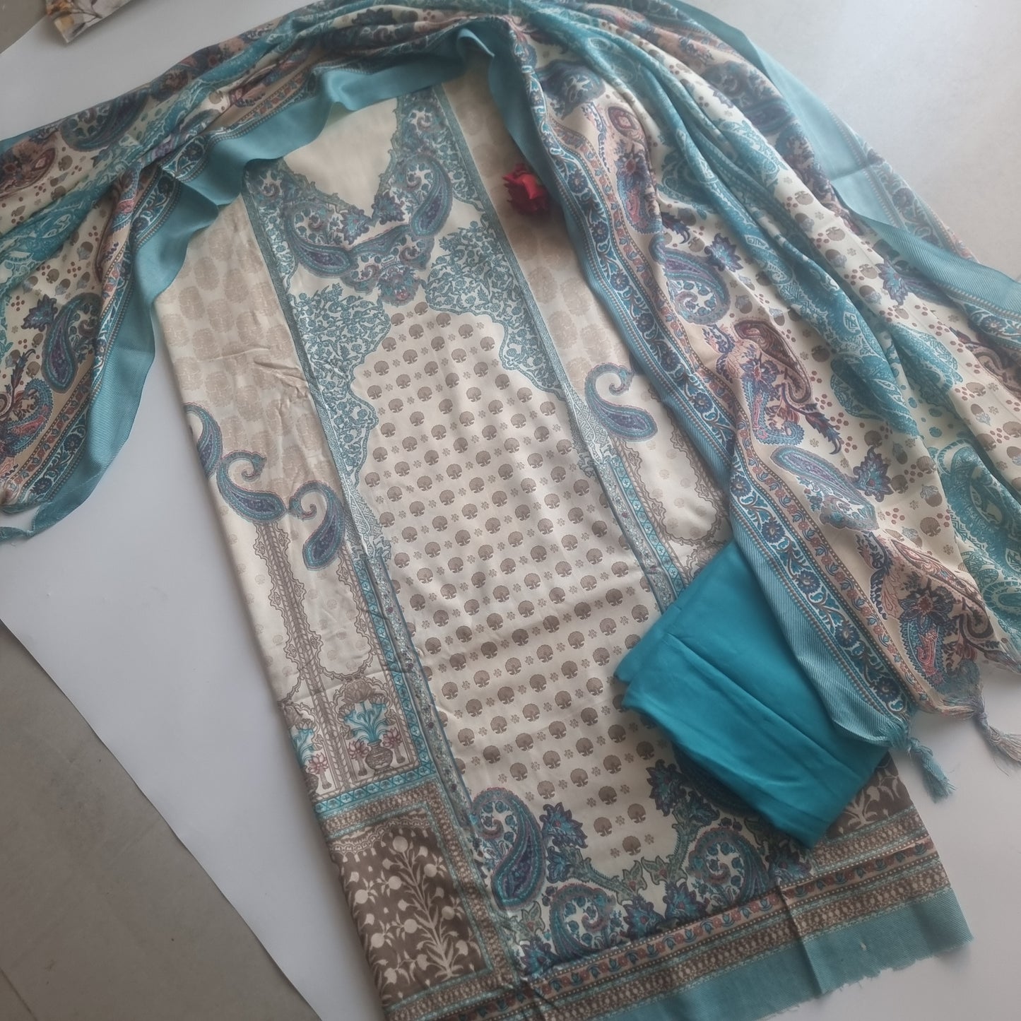 Blue Printed Pashmina Unstitched suit set